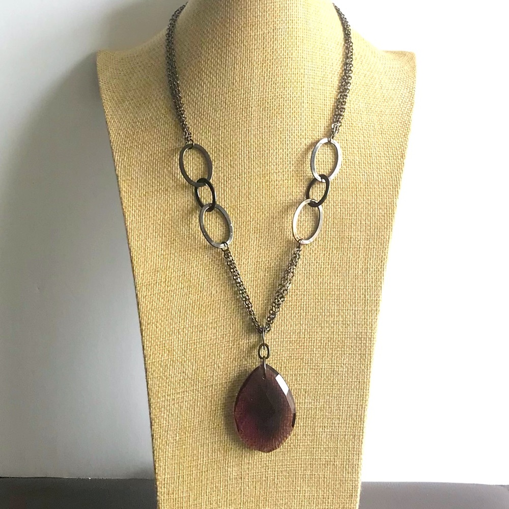 😍 Gunmetal Multi-Strand Statement Necklace w/Purple  Faceted Glass Pendant